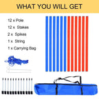 Agility training set contents: blue and red poles, stakes, spikes, string, and bag