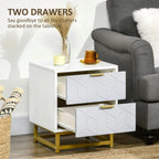 Bedside table with 2 drawers, white and grey fronts, gold frame, open storage