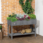 Dark grey rectangular plant stand on legs with herbs and flowers, lower shelf visible