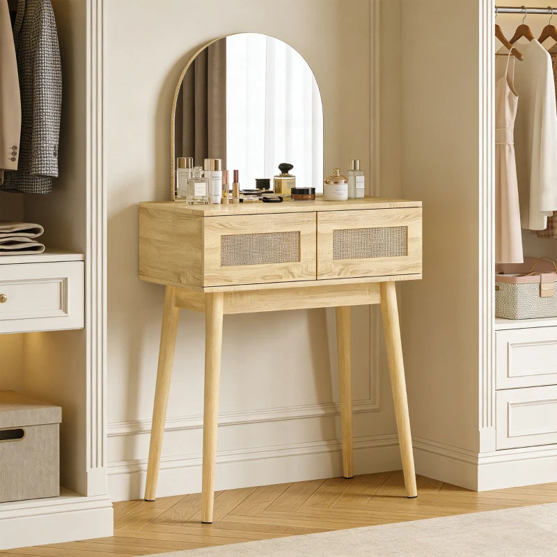 Natural wood vanity desk with arched mirror and two drawers in hallway corner