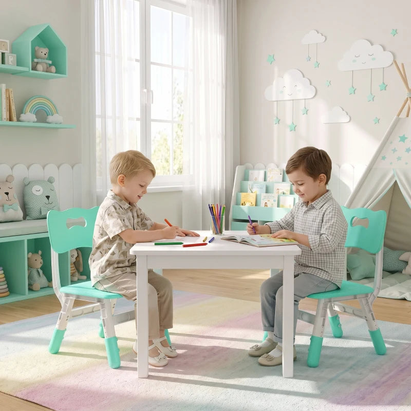 Green kids desk chair set with backrests, children sitting at a table