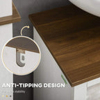 Under-sink cabinet corner with dark-brown top and anti-tipping stability design near hinge