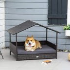 Grey elevated dog bed with canopy roof and removable cushioned base, open entry