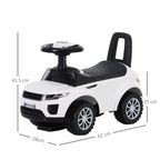 White toddler ride-on car dimensions view with black seat and steering wheel