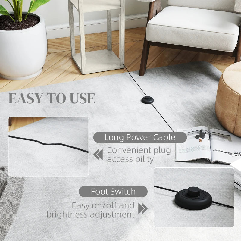Shelf floor lamp on floor, with long power cable and round foot switch