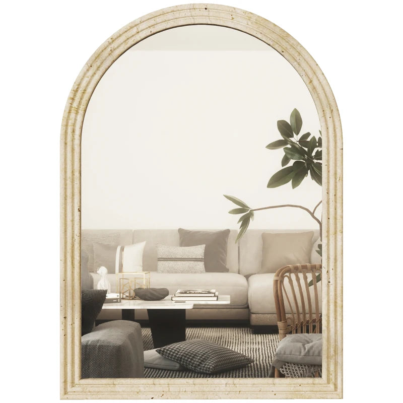 Beige arched wall mirror with textured grooved frame and clear glass
