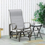 Grey fabric gliding rocking chair with brown metal armrests and slatted base