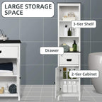White cabinet with 3-tier open shelving, drawer, and 2-tier enclosed storage