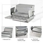 Silver poultry feeder with rainproof lid, automatic trough, and textured pedal
