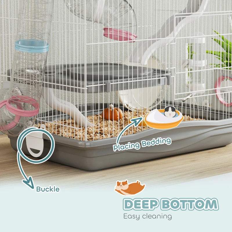 Grey base deep-bottom hamster cage with bedding and safety buckle strap.