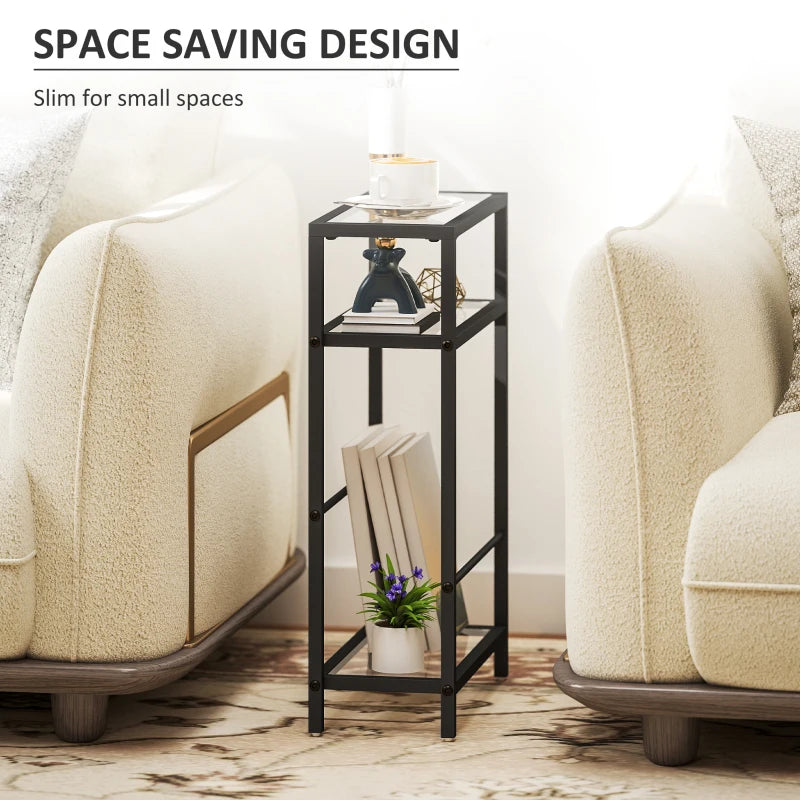 Black space-saving 3-tier side table with tempered glass top and storage shelf.