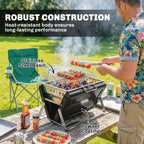 Black portable charcoal grill with stainless steel basin and side legs