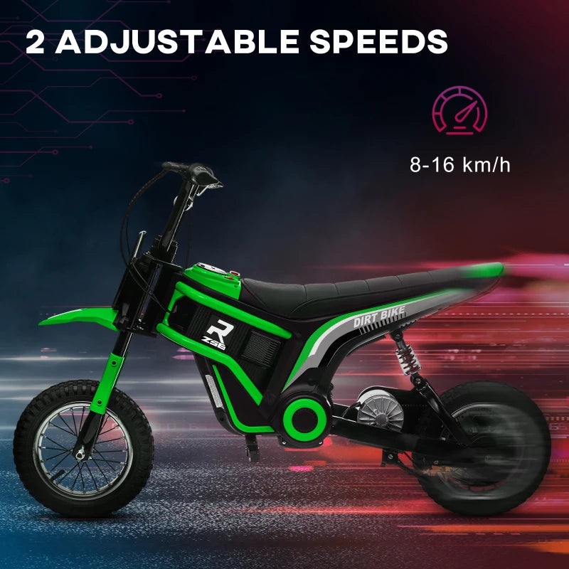 Green electric dirt bike with black seat, rear suspension, and side view front wheel