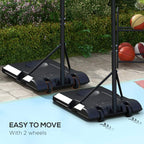 Black wheeled basketball hoop base with support pole and hanging red-blue net