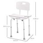 White adjustable bath shower stool with backrest and contoured seat on height legs.