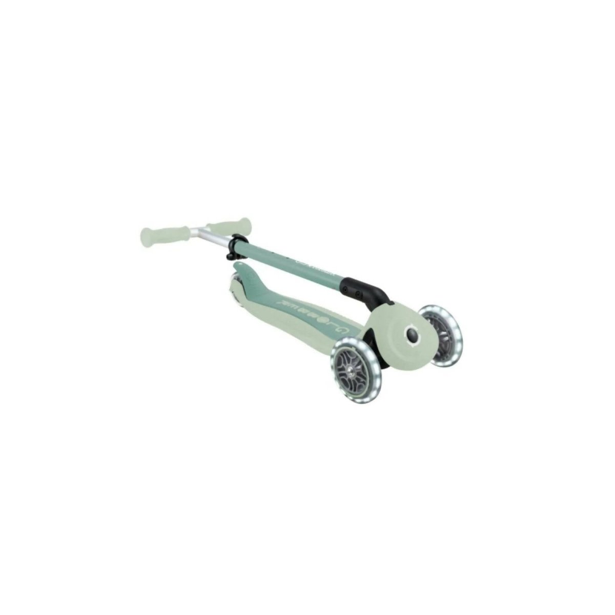 Pistachio mint kids’ scooter side view with black steering column and front wheel
