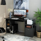 Black computer workstation desk with open side shelves and right cabinet drawer