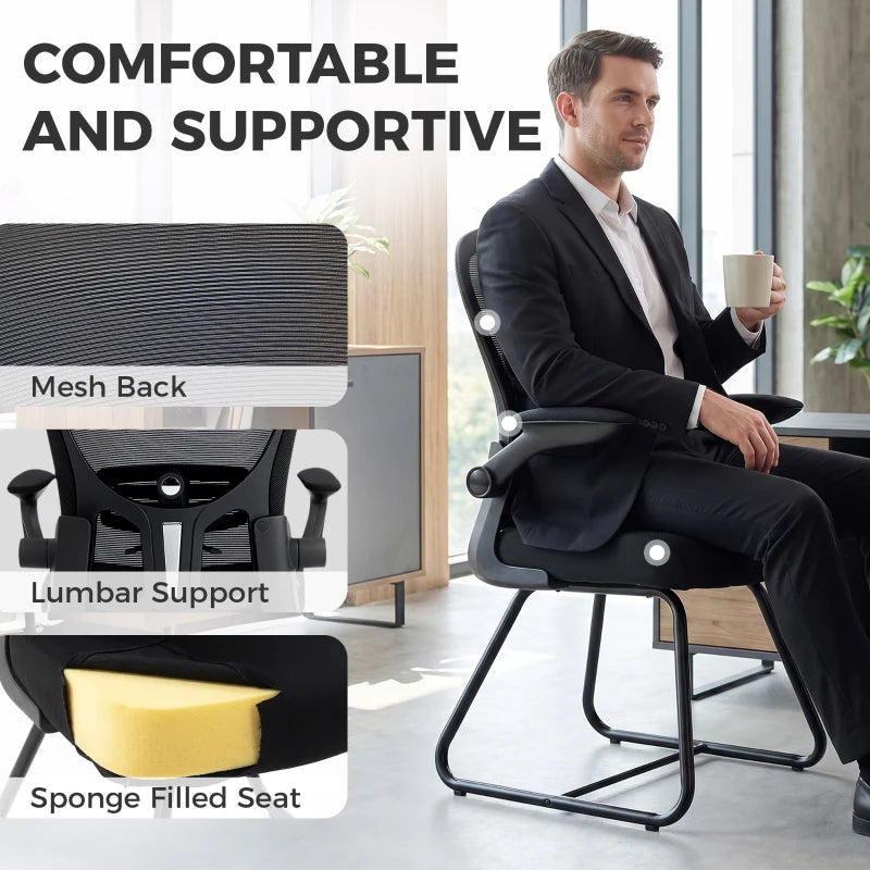 Black reception chair with mesh back and lumbar support, padded seat, steel base
