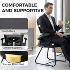 Black reception chair with mesh back and lumbar support, padded seat, steel base