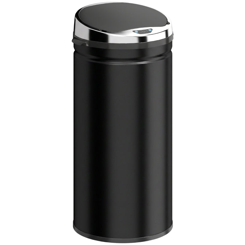 Black stainless steel motion sensor trash can with round silver lid