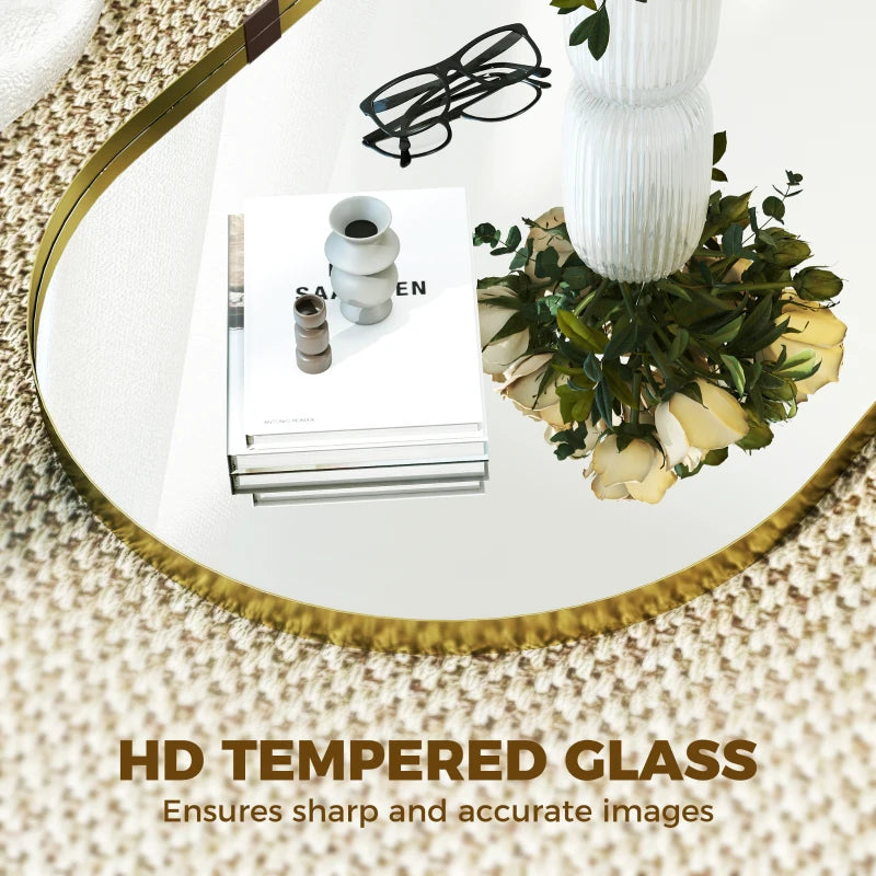 Gold-tone oval wall mirror with HD tempered glass and glossy elevated frame