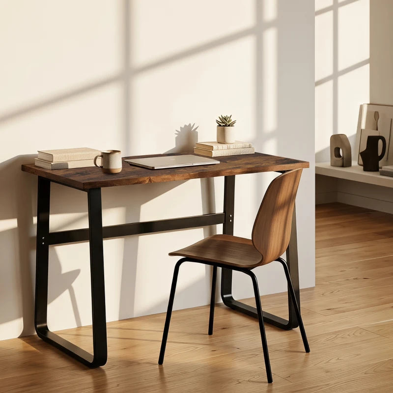 Industrial writing desk with brown wood-look surface and black metal legs