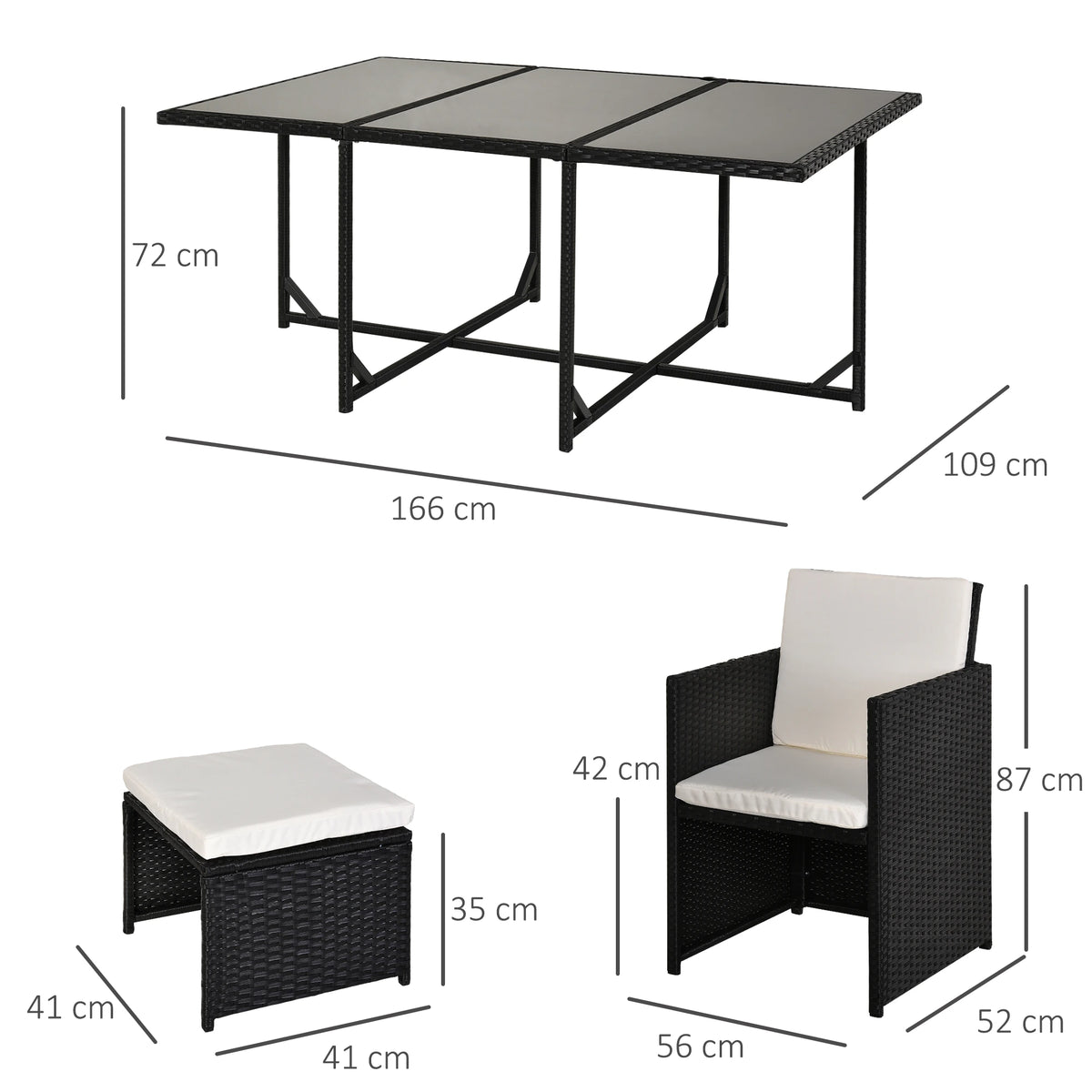 Black rattan dining set dimensions for the table, chair and stool