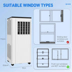 White mobile air conditioner with window type suitability diagram and size outline