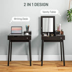 Black vanity desk with flip-up mirror and two drawers, shown with laptop