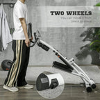 Foldable stair stepper with two wheels for easy moving, shown in side view.