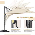 Cantilever parasol showing black crank handle and tilt joints beside cream canopy