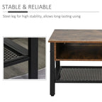 Industrial TV stand cabinet with steel legs and black mesh shelf, rustic brown open compartment.
