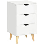 White bedside cabinet with three drawers and black curved cut-out handles