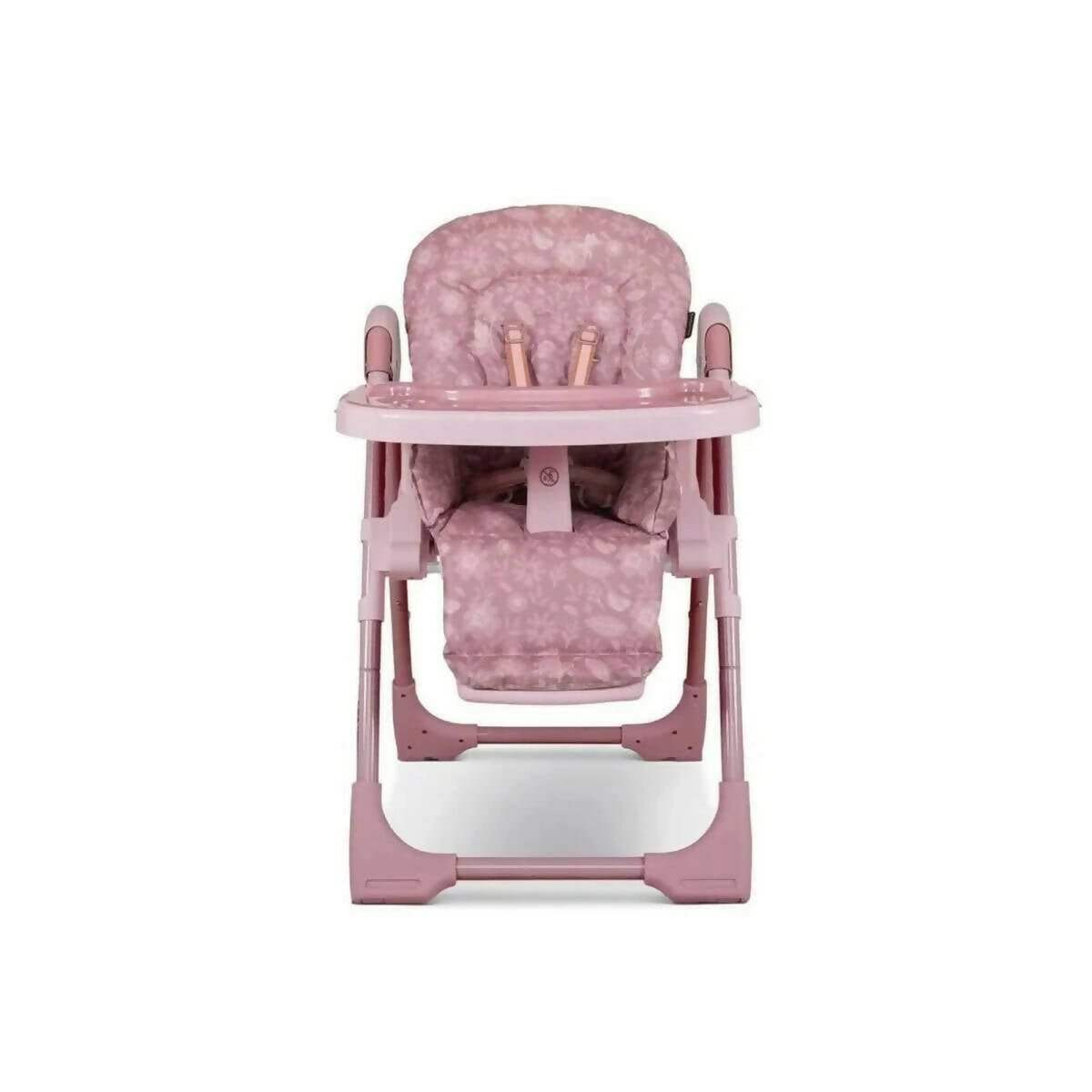 Pink patterned 0+ highchair with tray, padded seat, and side armrest details