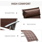 Brown chaise lounge with removable pillow, built-in armrests, and footrest platform