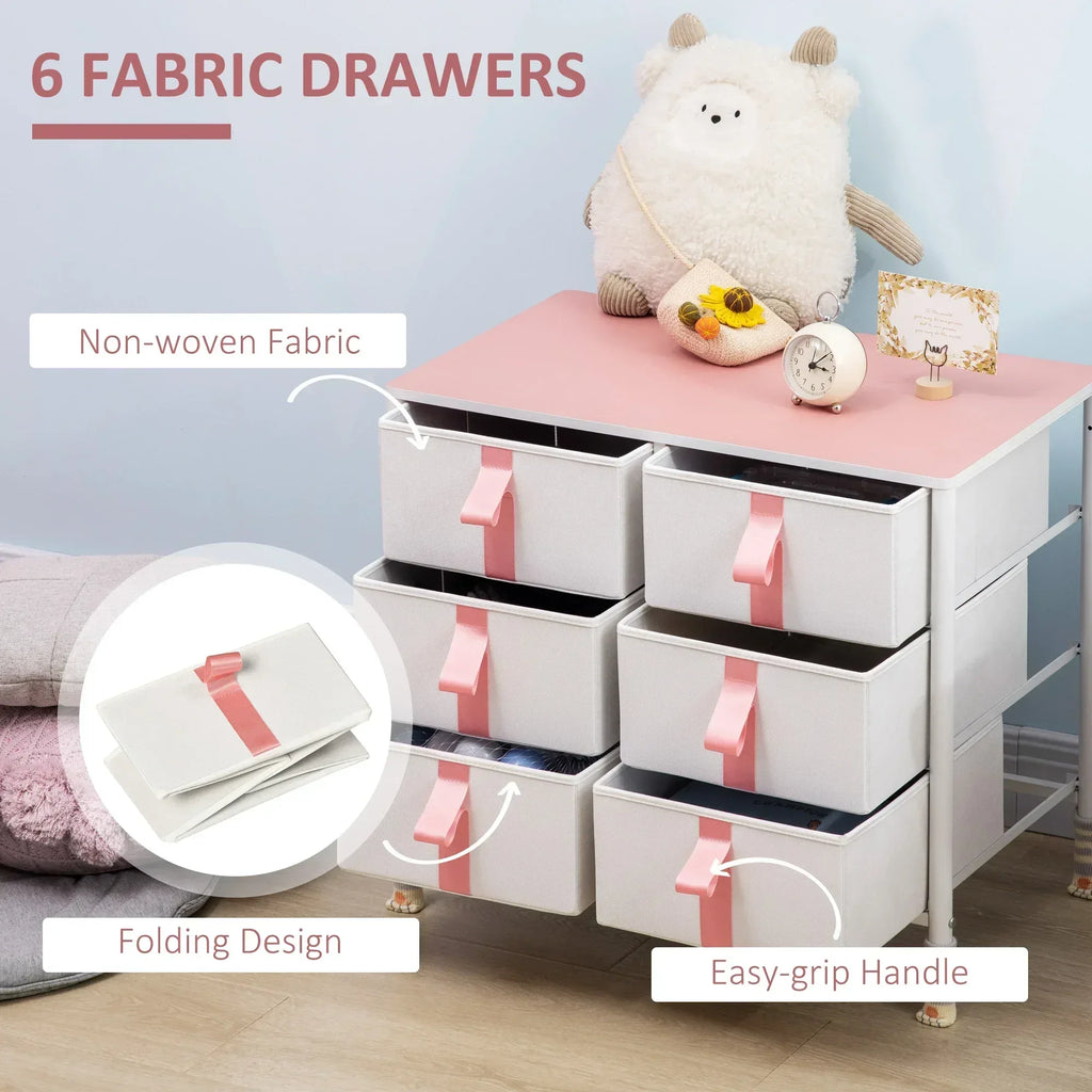 Chest of Drawers, Cloth Organizer Unit with 6 Fabric Drawers, Metal Frame and Wooden Top, Storage Cabinet for Kids Room, Living Room, Closet, Hallway, Pink - Bobobiy