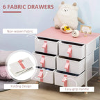 White storage cabinet with 6 fabric drawers and pink handles, pink tabletop