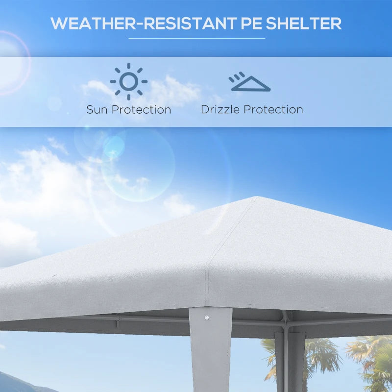 White gazebo canopy tent with close-up of peaked roof edge and supporting poles