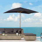 Black wooden garden parasol umbrella with open canopy and wooden support pole