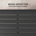 Close-up of black slatted, wood-effect tabletop surface