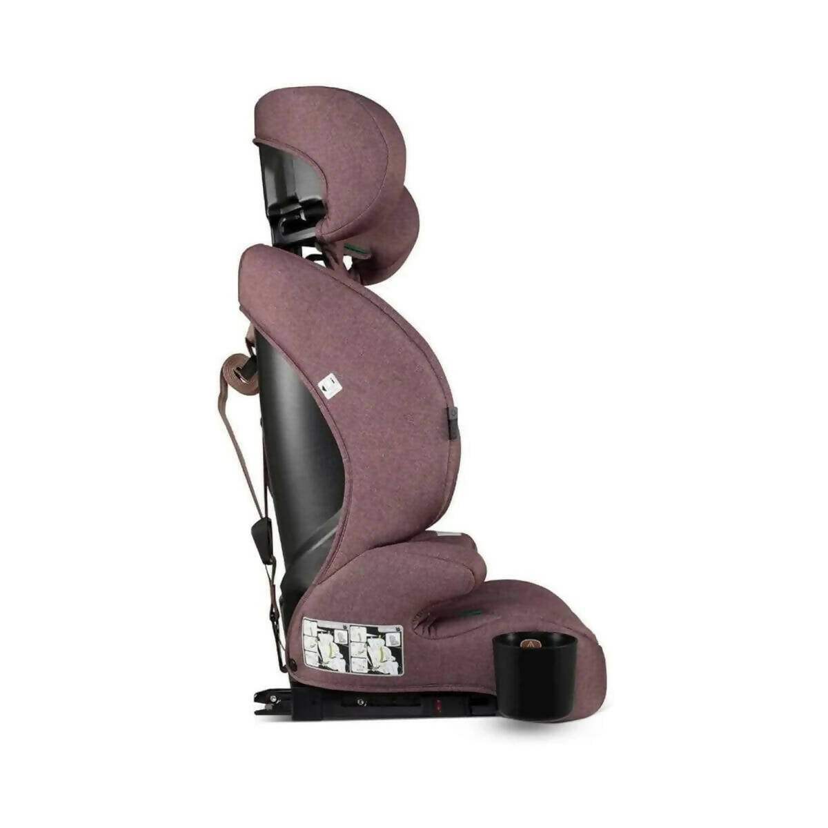Side view car seat in dark plum fabric with adjustable headrest and harness