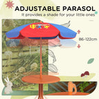 Adjustable kids parasol with red and blue canopy over round orange table