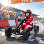 Black kids electric go kart with rider in helmet, front angle view on track
