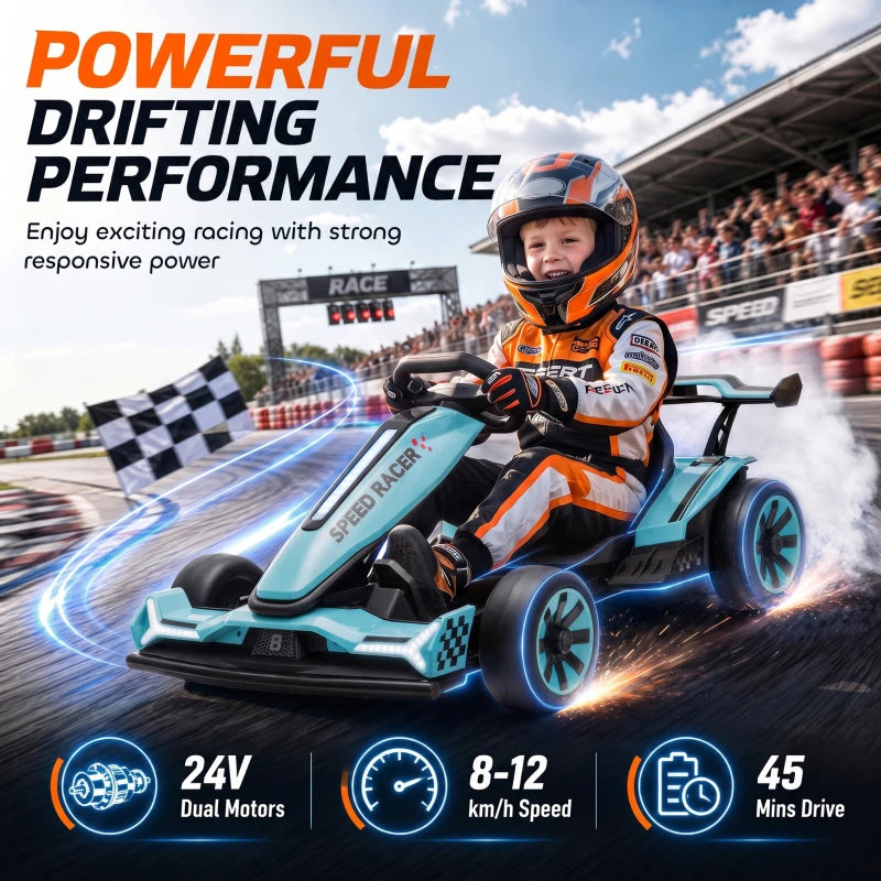 Light blue electric kids go-kart with rider in orange gear, drifting front quarter.