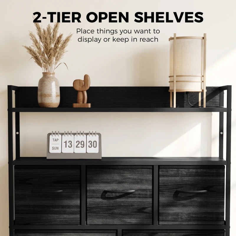Black wood-effect chest with two open shelves above three drawer fronts
