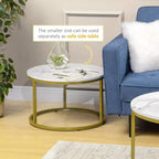 Round white marble-look side table with gold metal frame, smaller nesting top