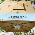 Khaki double-top cantilever parasol canopy with vented upper section