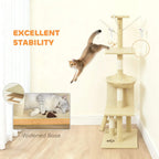 Beige cat tree with widened base for stability and platforms for climbing