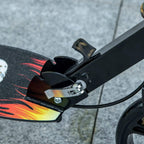 Black kick scooter brake lever on handle with wide deck and flame graphic