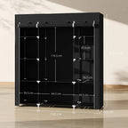 Black foldable fabric wardrobe with hanging rail and open shelving compartments